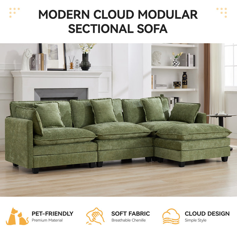 Canapé modulaire rembourré en chenille avec repose-pieds Chenille, 3 sièges + 1 repose-pieds, Vert