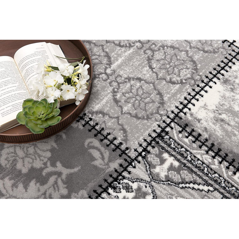 Tapis tissé à la machine damassé gris et ivoire 7 pi x 9 pi