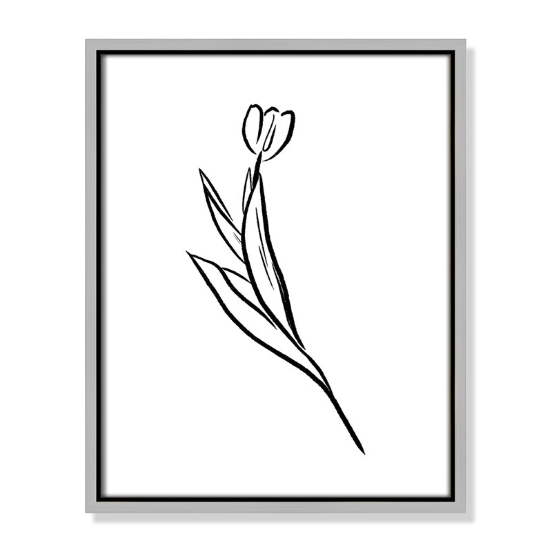 Fleurs simples 1 - reproduction de dessin, Toile avec cadre argenté, H 15,5 po x l 12,5 po x P 2 po