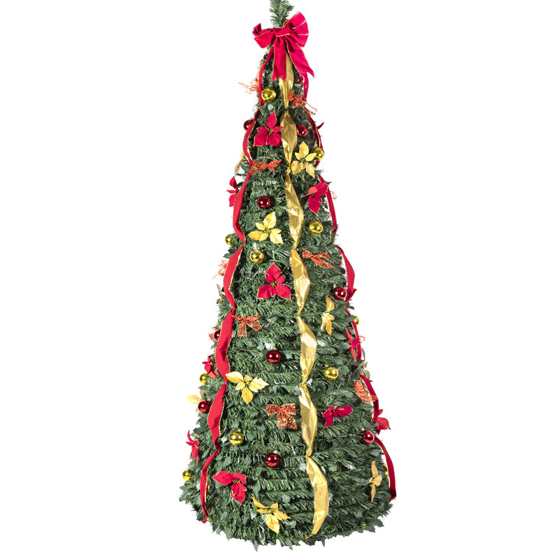 Arbre de Noël escamotable 7,5 pi avec 200 lumières UL blanc chaud, 80 accessoires festifs, décor rouge et or, idéal pour une décoration rapide dans de petits espaces.