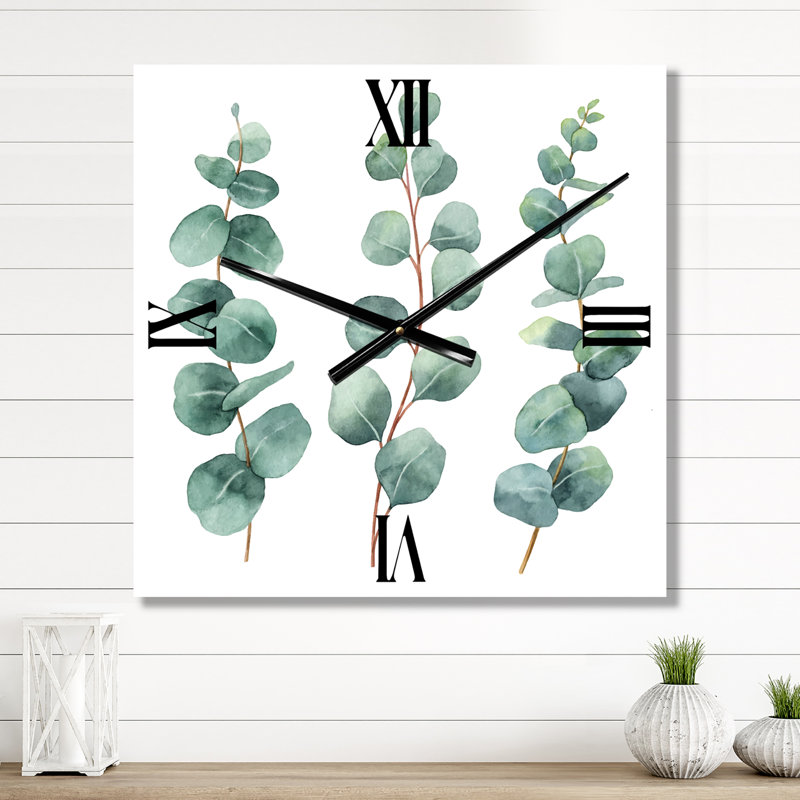 Horloge murale jeunes feuilles d'eucalyptus et branches I, Très grand