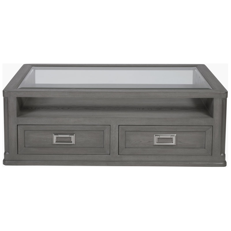 Gray Rectangular Wood and Glass Cocktail Table with Storage