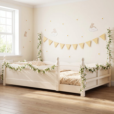 Lit simple pour lit double Montessori, garde-corps pour lit double, lit pour enfant en bois massif beige avec tablette de rangement latérale, lit de sécurité pour tout-petits certifié CPC