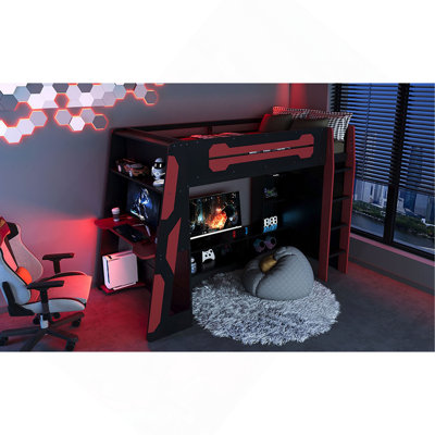 Wood Loft Bed With Desk, Multi-Storage Shelves And RGB Light