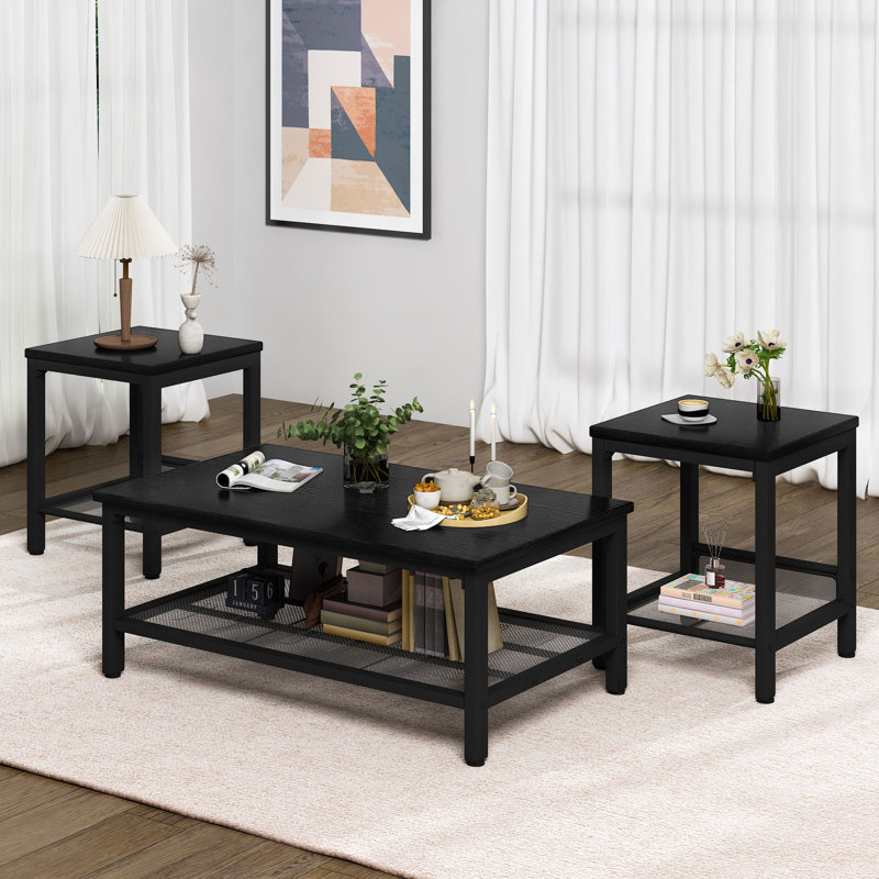 Modern Coffee Table Set of 3, 3-Piece Living Room Coffee Table Set with 2 End Table & 1 Tea Table, Space-Saving Coffee Table with MBF Broad & Metal Frame for Apartment, Black