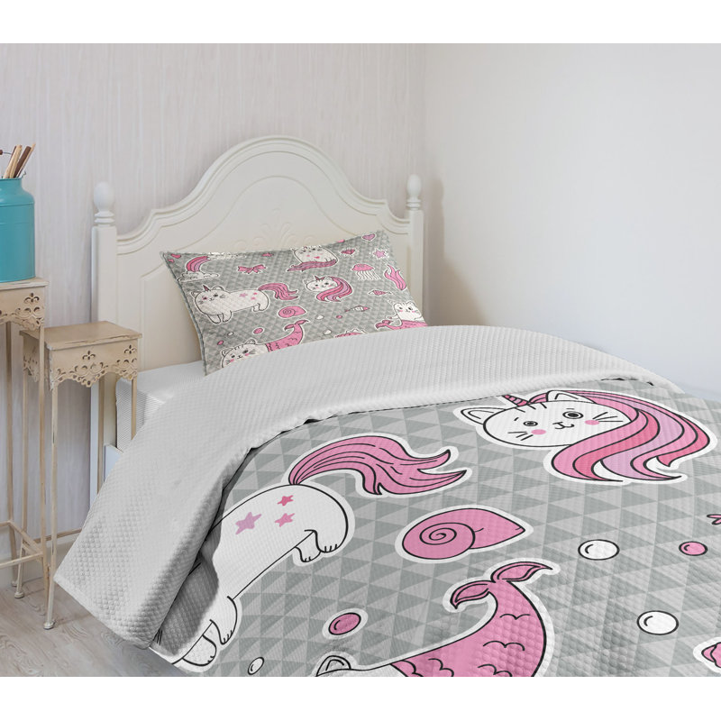 Twin White Quilted Unicorn Cat Mermaid Bedspread Set