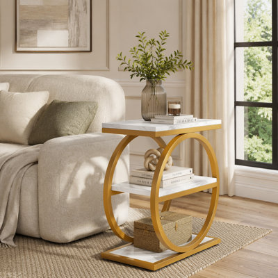 3-Tier End Table, Industrial Sofa Side Table with Round Metal Frame