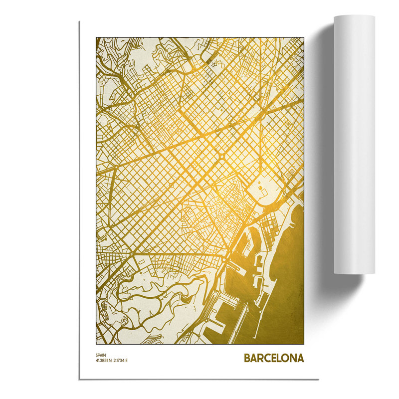 Map Barcelona Spain Gold Plate - Unframed Graphic Art, 84cm H x 59cm W x 0.1cm D