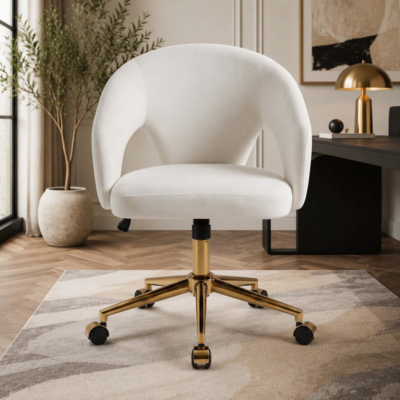 Fauteuil de bureau réglable, chambre à coucher à domicile, fauteuil pivotant ergonomique, siège à dossier, siège confortable, base dorée, blanc