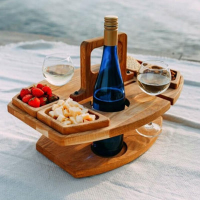 Portable Wooden Picnic Table with Carrying Handle,Outdoor Removable Wine Glass Holder Fruit Snack,2 in 1 Wine Glass Rack & Compartmental Dish Holder for Outdoor Picnic Camping Beach