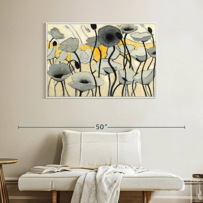 Fleur de jour de neige gris, Cadre flottant blanc, 40 po x 27 po