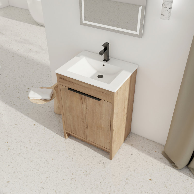 Freestanding Bathroom Cabinet. Ceramic Sink. 24" Long. 2 Soft-Close Doors. Plywood. Modern Look Vanity. Size., Imitative Oak