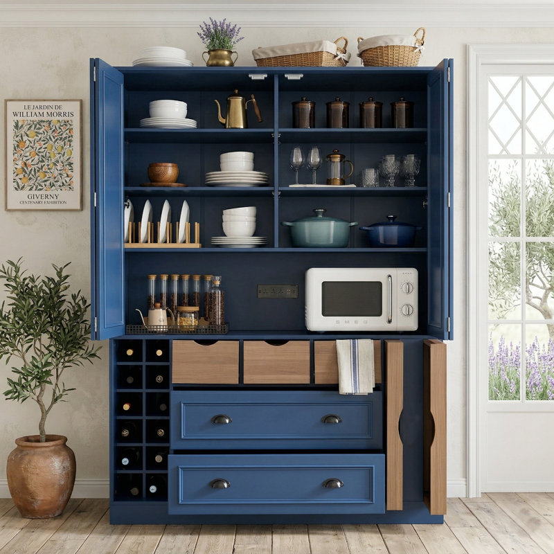 Garde-manger de 71 po de hauteur avec portes pliantes, garde-manger de style campagnard l 53 po avec tablette à micro-ondes et tablettes réglables