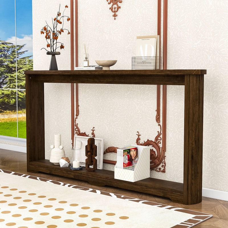 Narrow Wood Console Table with Corrugated Texture, Entryway Storage Table, Sofa Back Table, Walnut