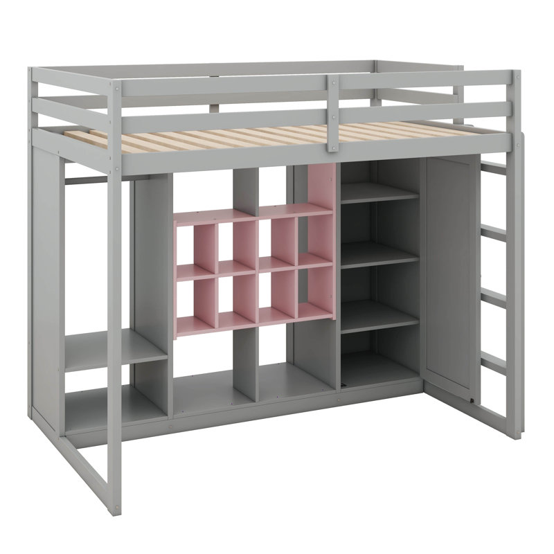 Lit mezzanine simple en bois avec garde-robe, tablettes et armoire, cadre de lit multi-rangement peu encombrant, Gris / Rose