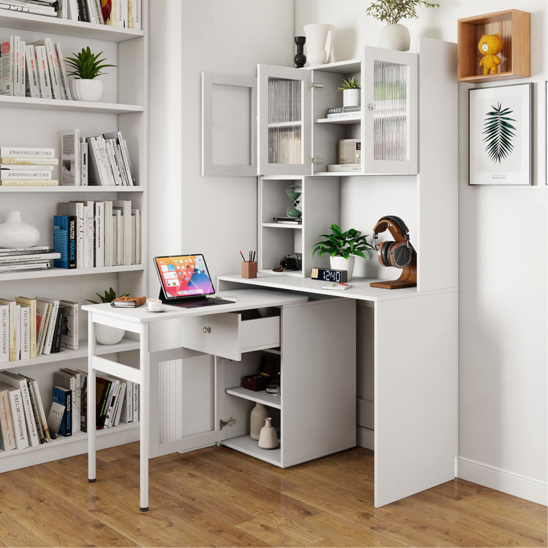 Ensemble de bureau d'ordinateur avec portes en verre Antheris, Blanc