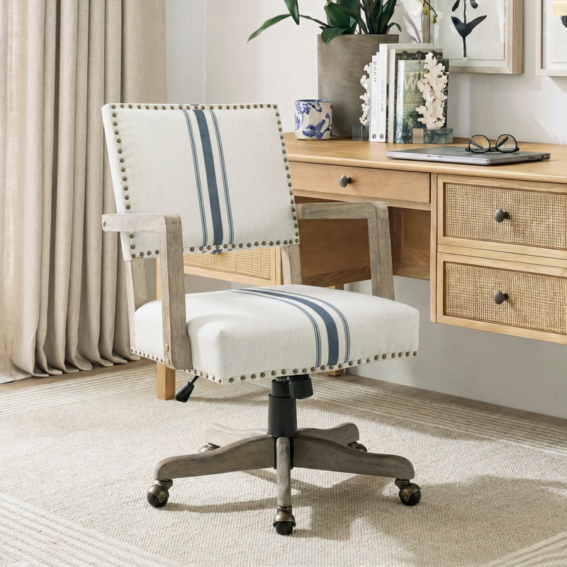 Bromley Farmhouse 24" W Linen Task Chair with Solid Wood Arm and Nailhead Trim, Navy Striped