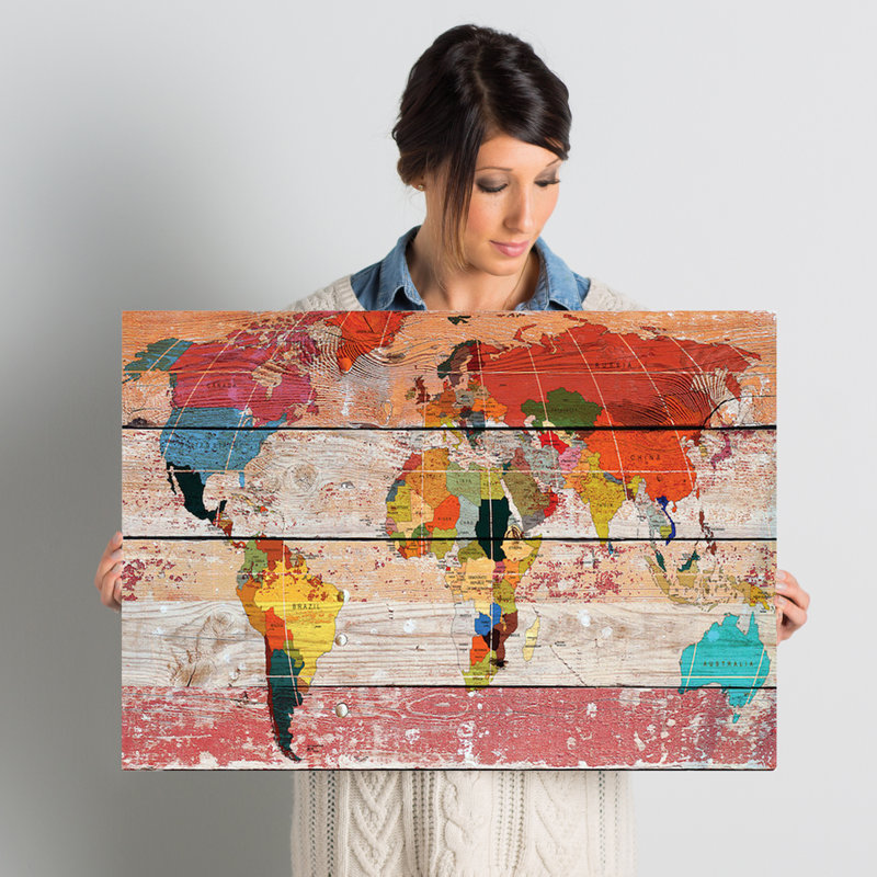 Reproduction d'art sur toile tendue mappemonde, H 12 po x l 18 po x p 1,5 po, Toile tendue, Pas de tapis