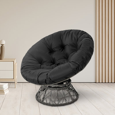 Wicker Papasan Chair with Oversized Cushion & Swivel Base – Cozy Round Lounge Chair for Bedroom, Living Room, or Covered Patio