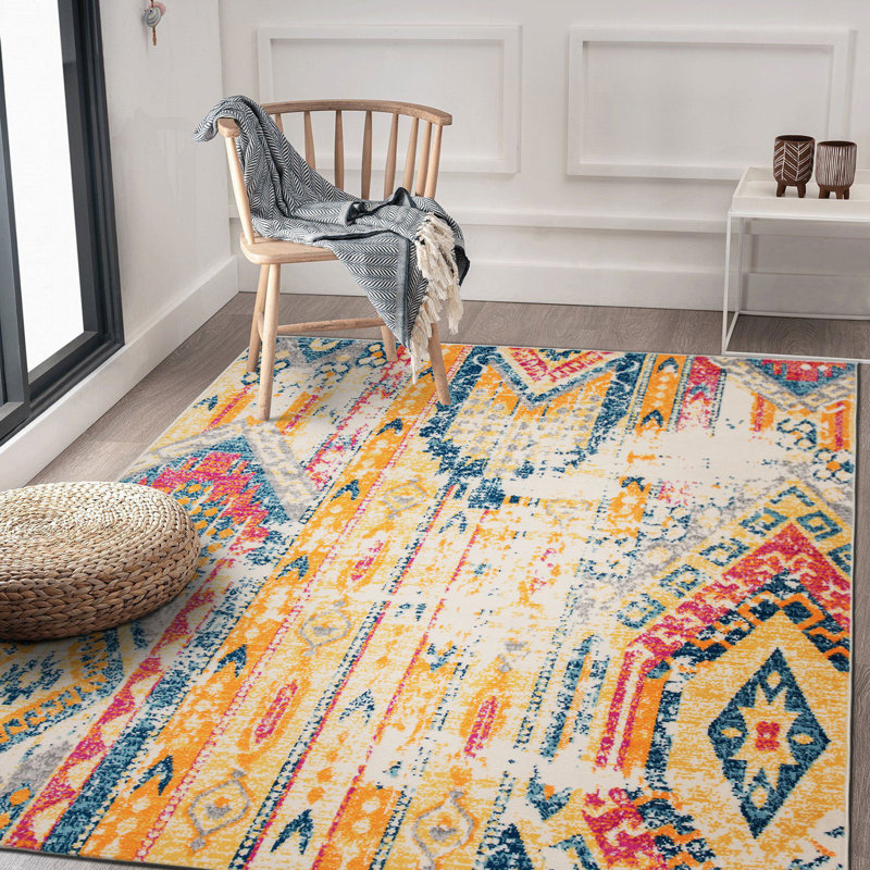 Tapis jaune / bleu / rouge Ezzelina, Rectangle 5 pi x 7 pi