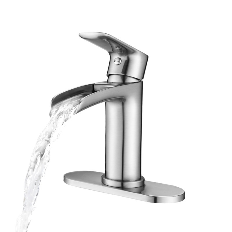 Modern Waterfall Bathroom Faucet - Single Handle In Brushed Nickel With Deck Plate & Overflow Pop Up Drain For Vanity Sink And Lavatory Restroom Emitting