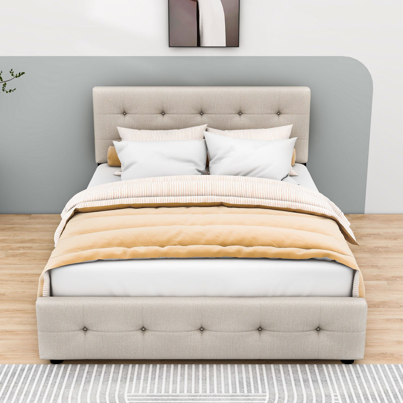 Grand lit plateforme tapissier 2 tiroirs Markeon, Beige foncé