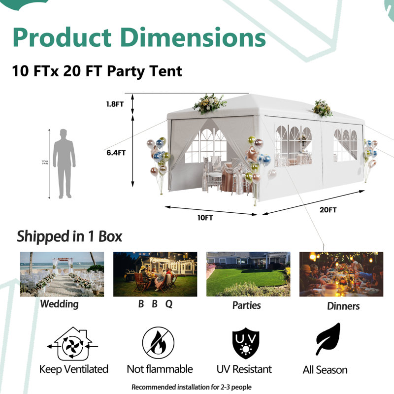 10' X 20' Party Tent, Heavy Duty Waterproof Canopy With 4 Removable Sidewalls And 2 Zippered Doors, White, White