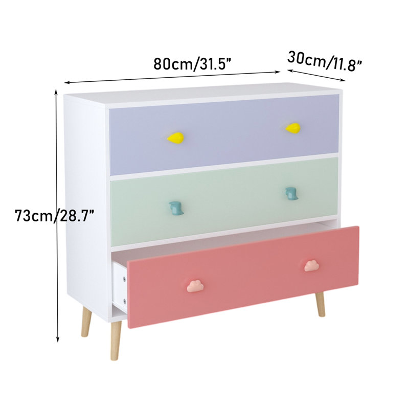 Chambre à coucher avec armoire de rangement à 3 tiroirs et commode pour chambre d'enfant, Mauve / vert / rouge