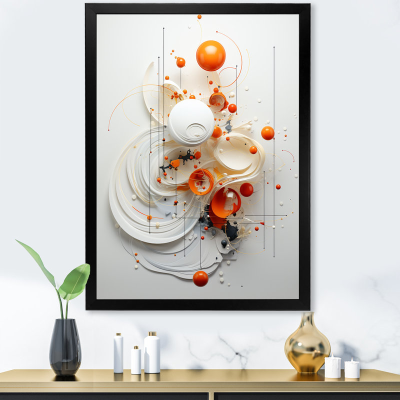 Symétrie orange et blanche en spirale I - art mural géométrique abstrait pour le salon, Cadre simple noir