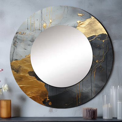 Minimalisme chrome doré et poteries noires I - miroir décoratif spirales abstraites, grand miroir mural rond moderne, impression d'art en métal