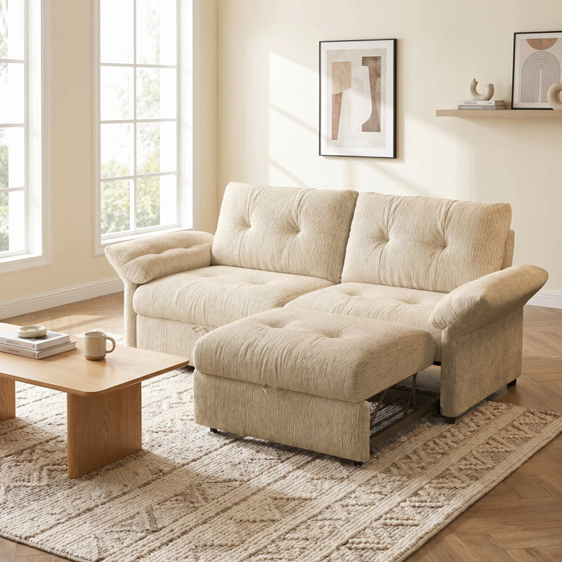 Canapé-lit 81,5 po en chenille convertible 2-en-1 touffeté, Beige