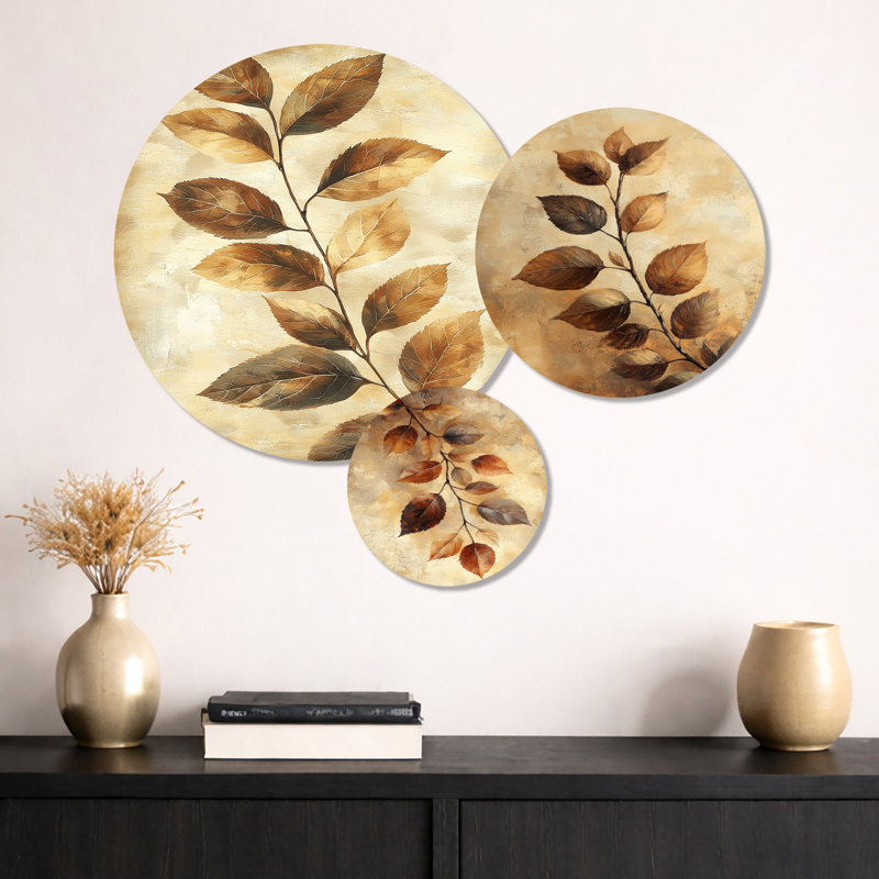 Ensemble de 3 décorations murales en métal brun à feuilles sépia délavées I