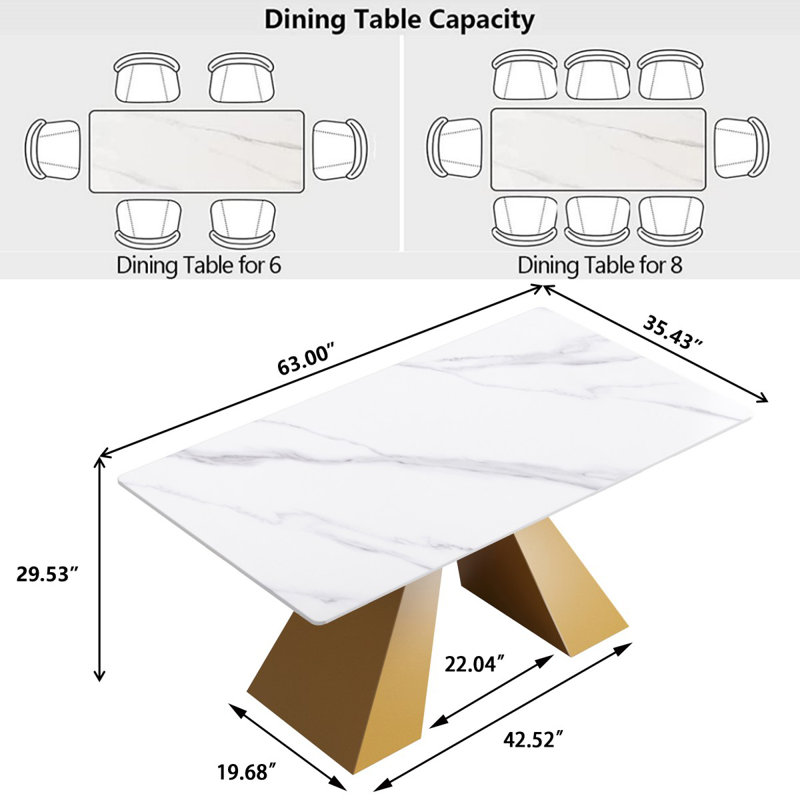 Modern White Marble Rectangular Dining Table with Gold Pedestal