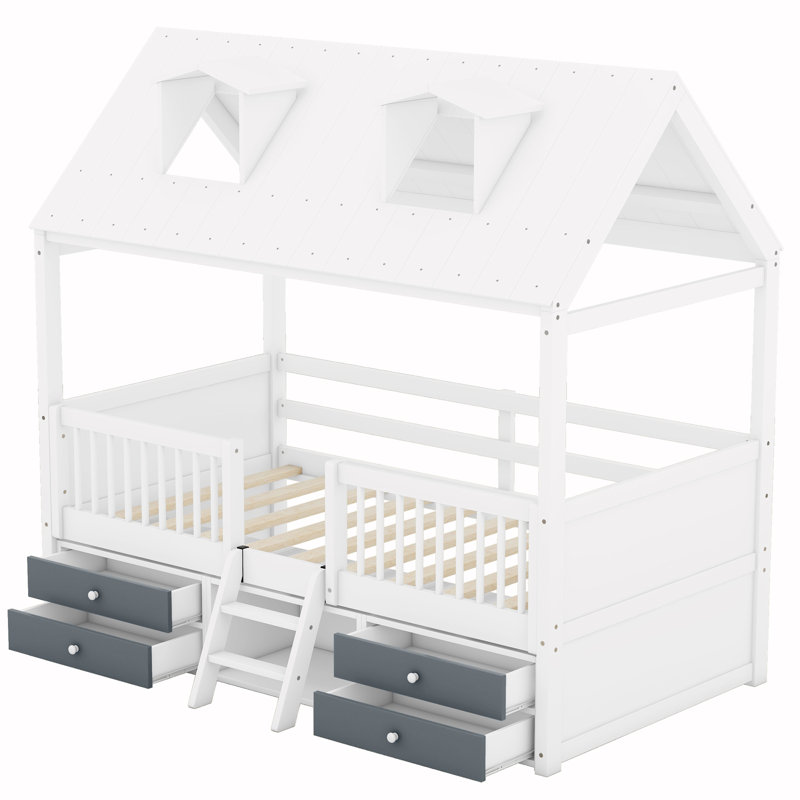 Motyka House-Style Bed with Built-Bed Roof and Storage, Twin, White