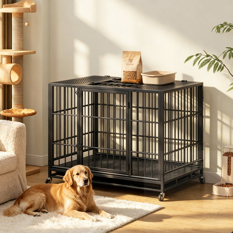 Cage pour chien avec roues verrouillables et loquet rotatif, H 35,83 po x l 47,64 po x P 31,1 po
