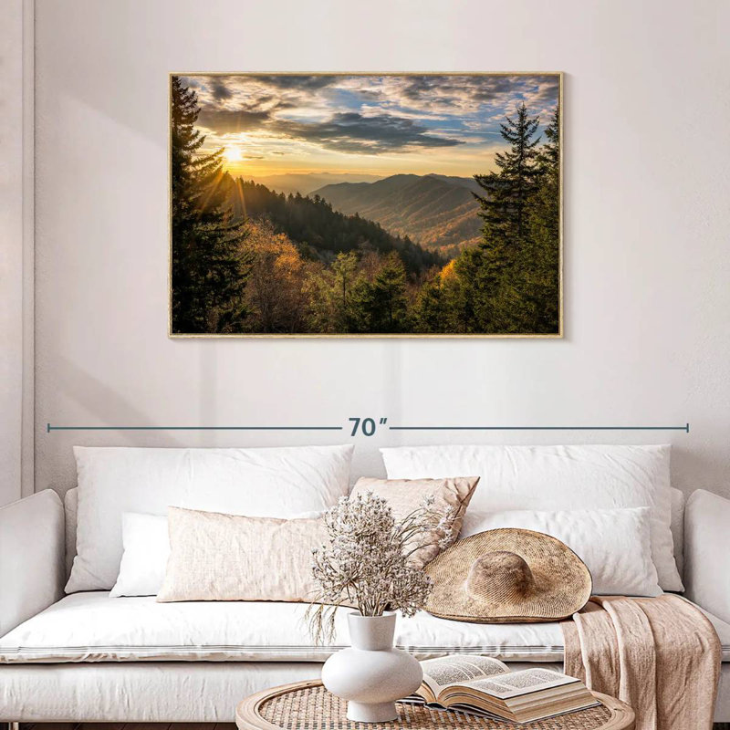 Lever de soleil dans les Smoky Mountains, Cadre flottant en bois naturel, 43 po x 29 po