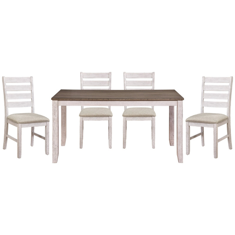 Table de salle à manger 5 pièces - Table rectangulaire en bois et 4 chaises d'appoint rembourrées en tissu gris / blanc / brun