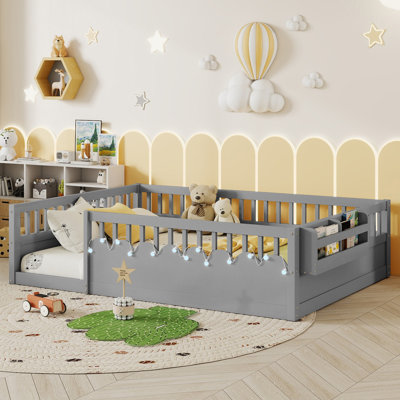 Structure de lit double Montessori avec rails hauts, lits en bois pour enfants avec éclairage et tablette de rangement
