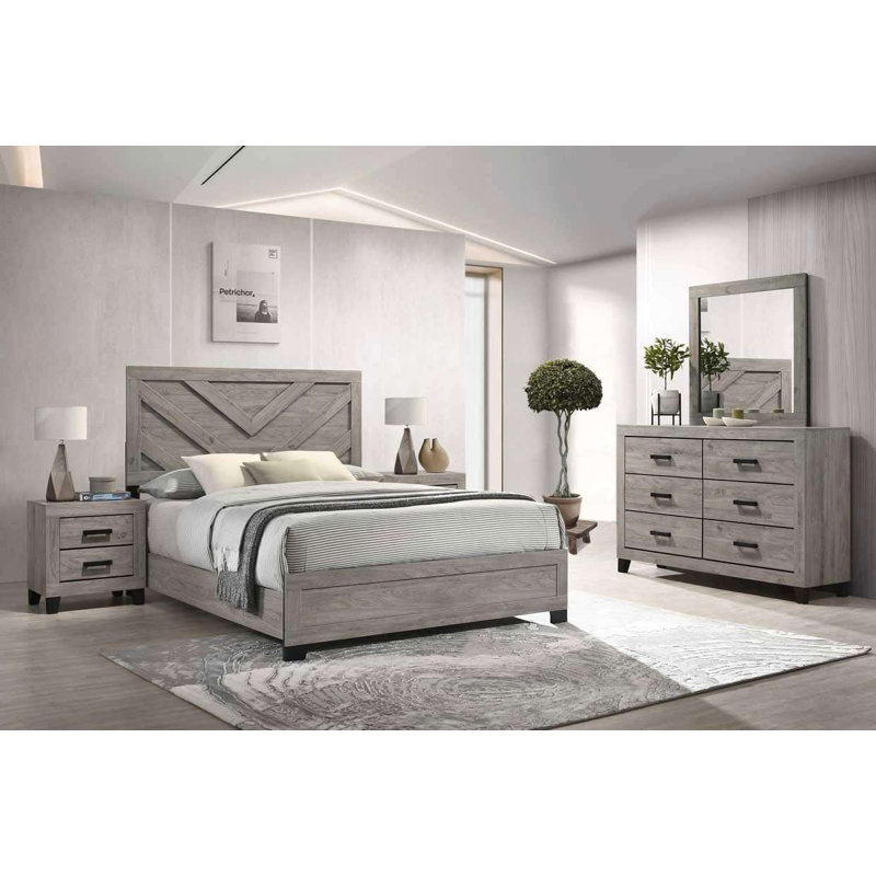 Ensemble de chambre à coucher de très grand lit 5 pièces avec lit à panneaux à chevrons, commode, miroir et deux tables de chevet en bois massif et bois aggloméré