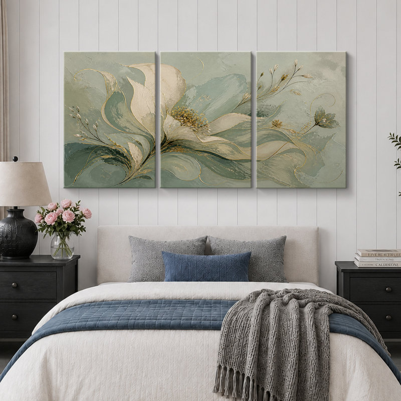 Art floral moderne vert tendre, images de chambre à coucher, impression sur toile encadrée, 3 pièces, 24" H x 48" W x 1.5" D