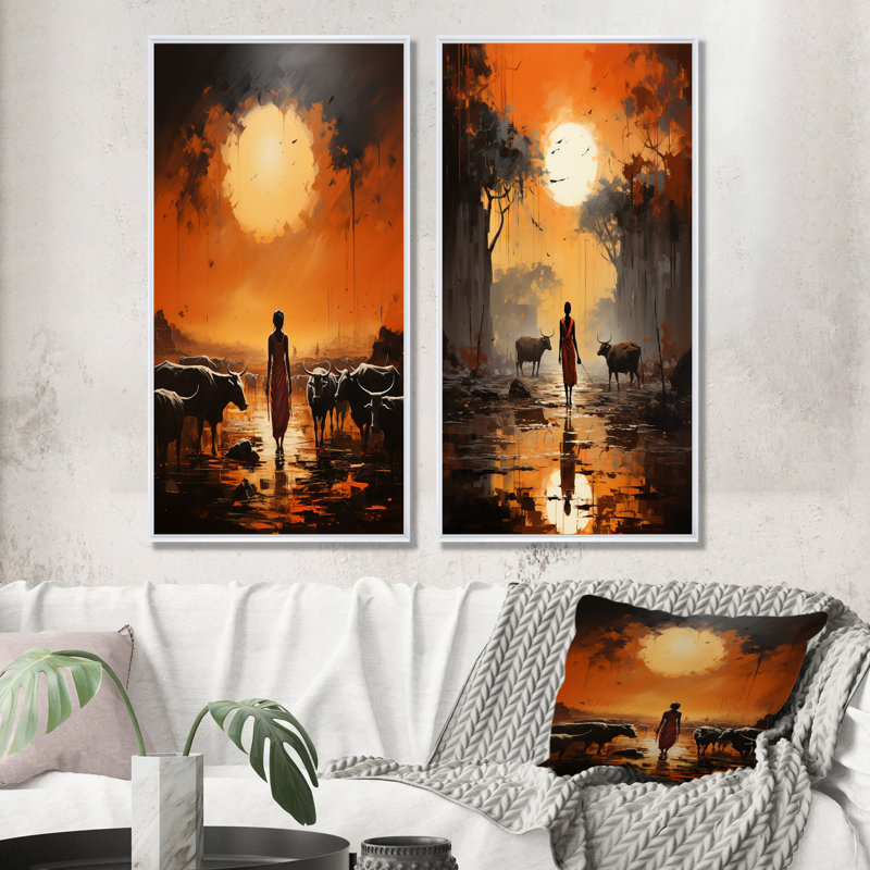 Ensemble de 2 reproductions de toiles tribales d'Afrique Dinka, Cadre blanc, H 28 po x l 25 po