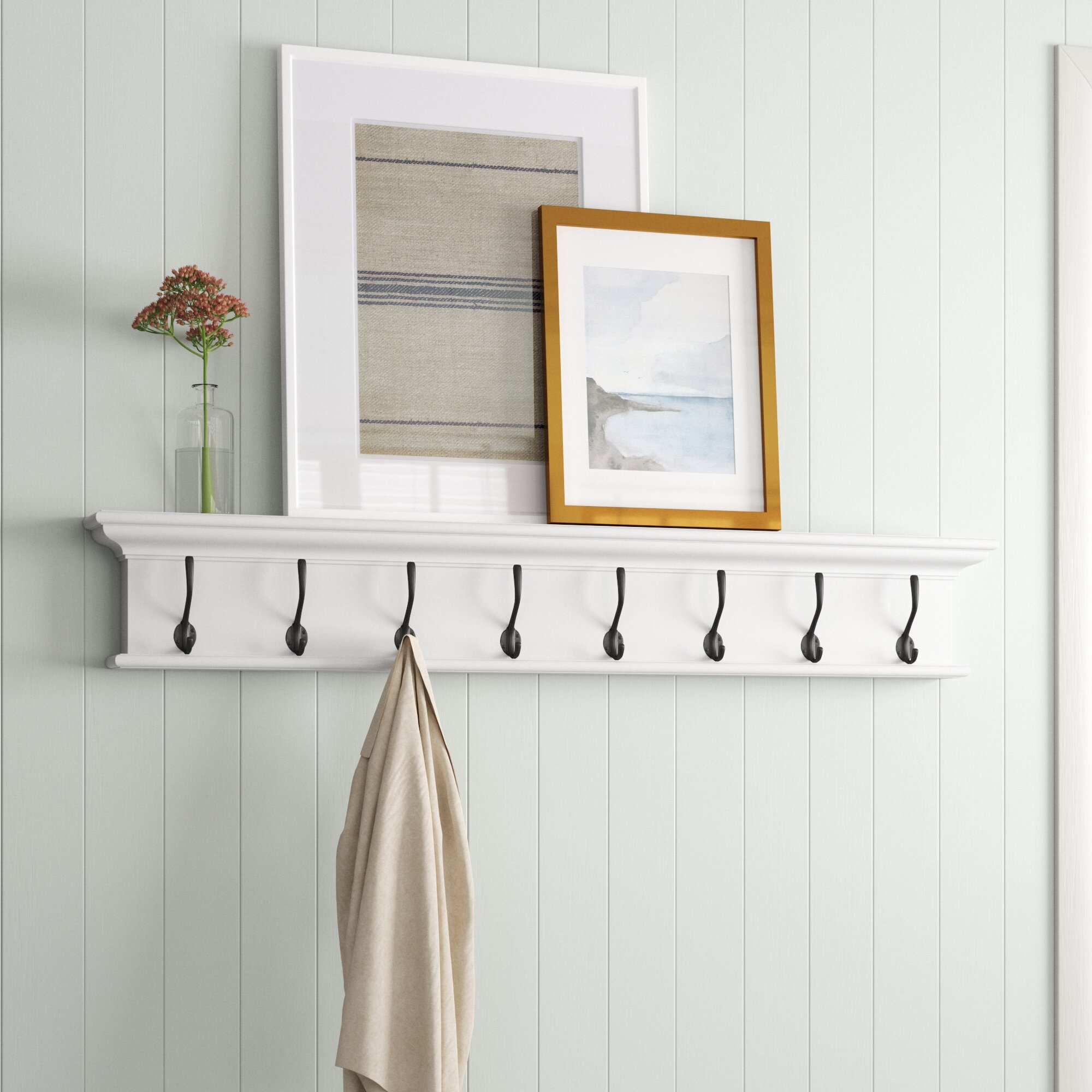Coat Rack Wall Mounted Wooden, Pine White Clothes Hanger, Coat Hooks Wall/Door