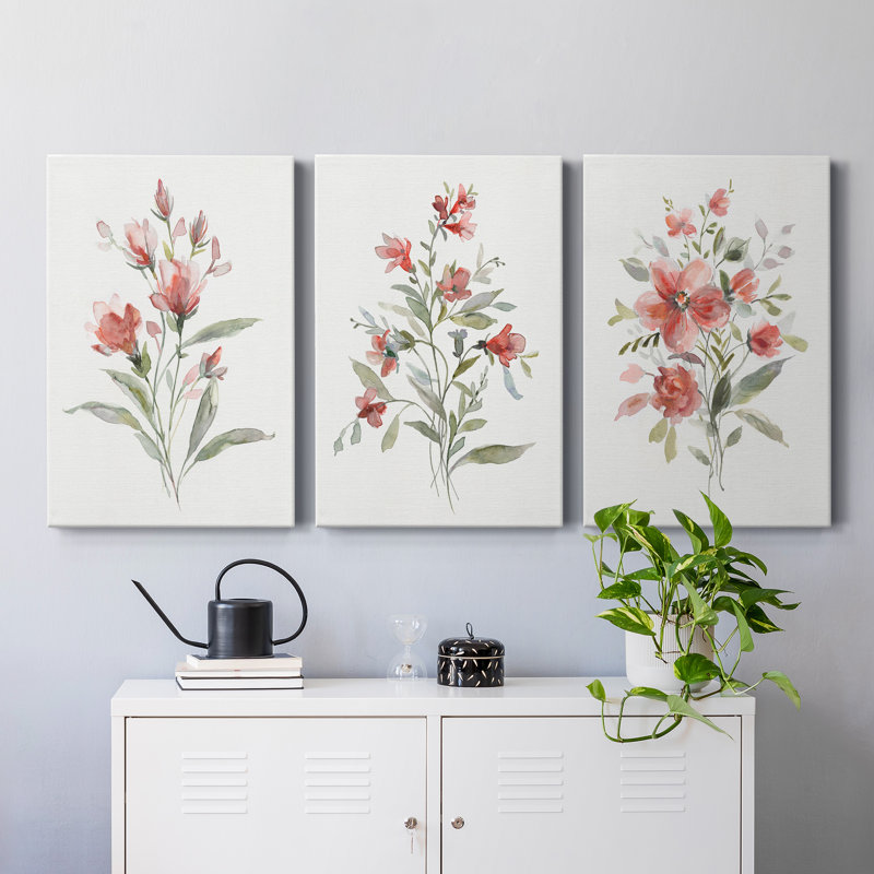 Linen Botanical Coral II - ensemble de 3 reproductions sur toiles tendues, H 12 po x l 24 po x P 1 po