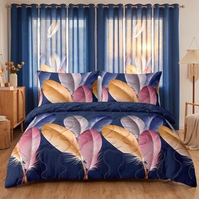Queen Size 9-Piece Multicolor Feather Bedding & Curtain Set (Queen) - Quilted Microfiber Bedspread + Sheer Drapes