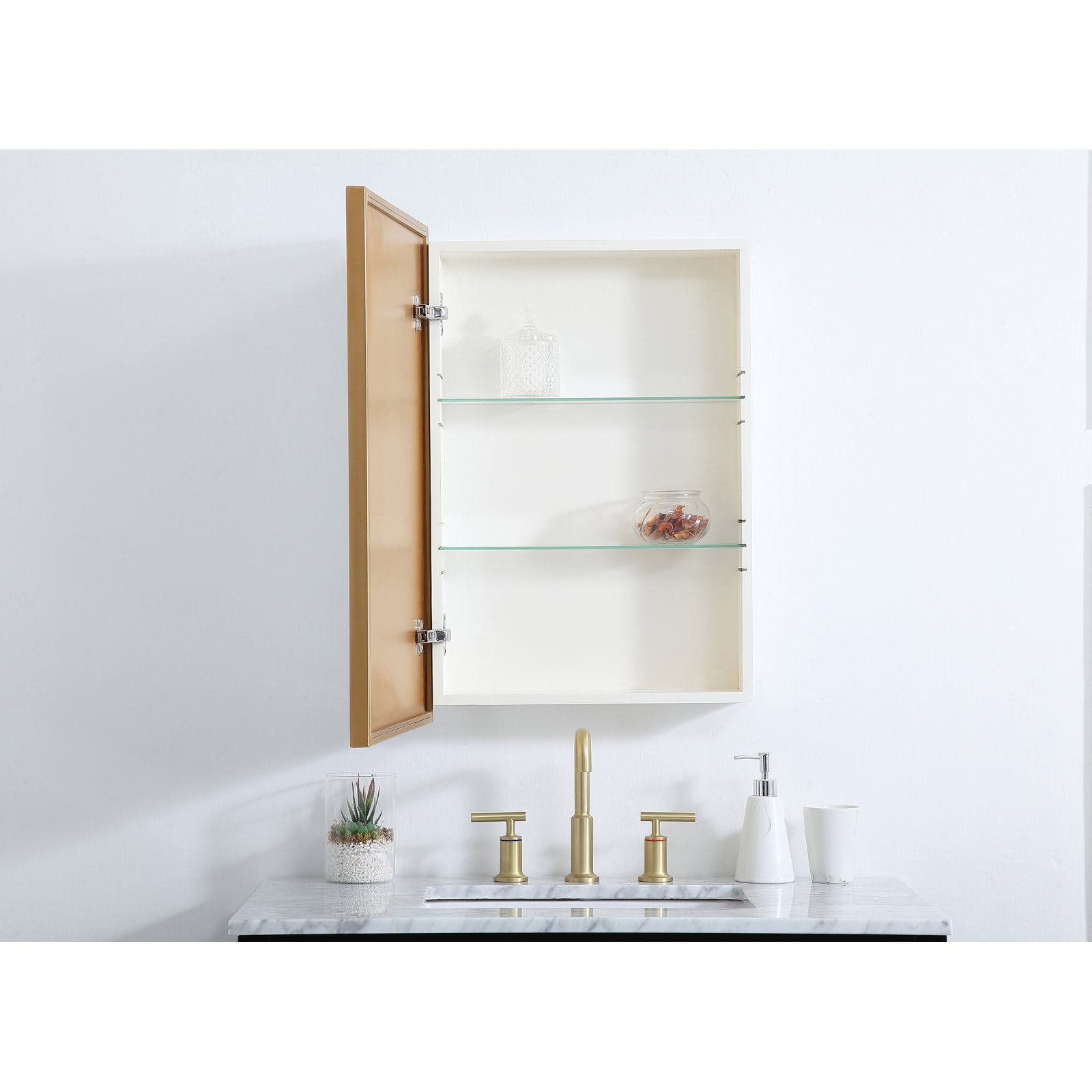 Clapp 28'' H Surface Mount Framed Medicine Cabinet with 2 Adjustable Shelves, Brass, 28" H x 20" W x 5" D