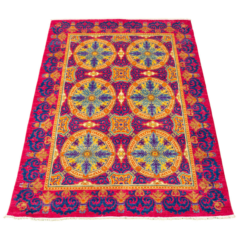 Tapis décoratif en laine de conception unique 6 pi x 8 pi 9 po Bryleah noué à la main New Age Lahore de style rose foncé/bleu marine/jaune clair