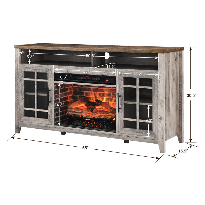 Meuble télé 55 po avec foyer électrique, couleur gris délavé. 4 réglages de luminosité réglables pour la flamme. Structure solide de 104,89 lb. Gardez au chaud et économisez de l'espace 55 po. 11 réglages de température.