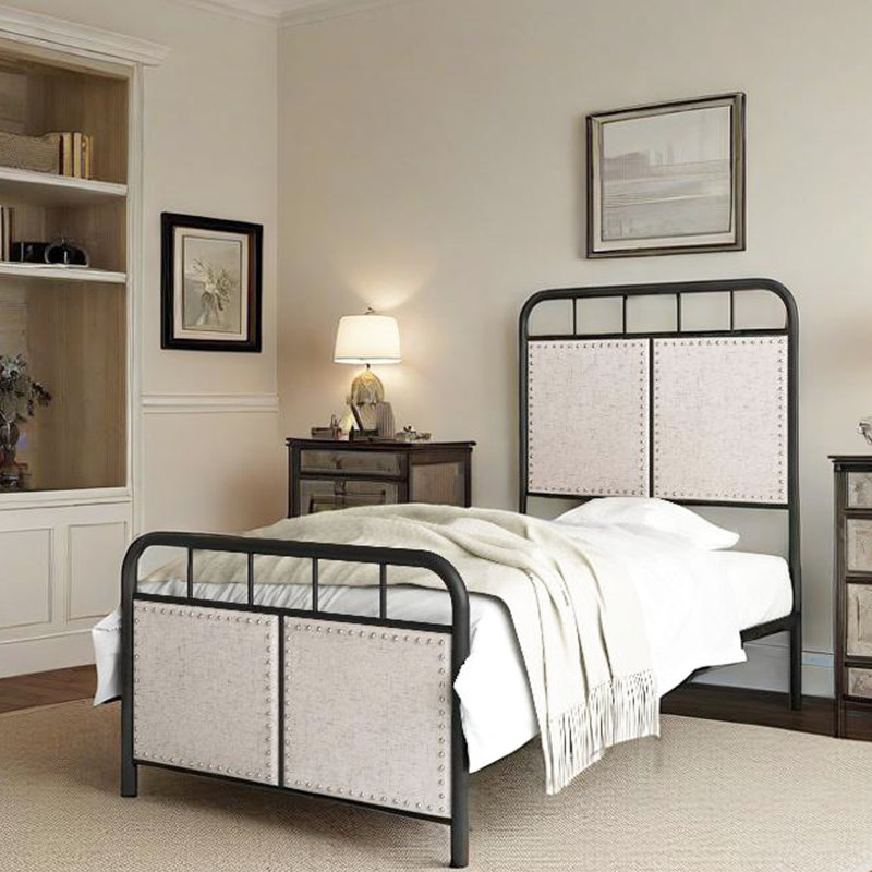 Simple, enveloppé de lin, cadre de lit plateforme, métal, élément en tissu de tête, mécanisme unique du pied, fonctionnement silencieux et paisible, installation simple, tous les types de matelas, rembourrage de 8 pouces,