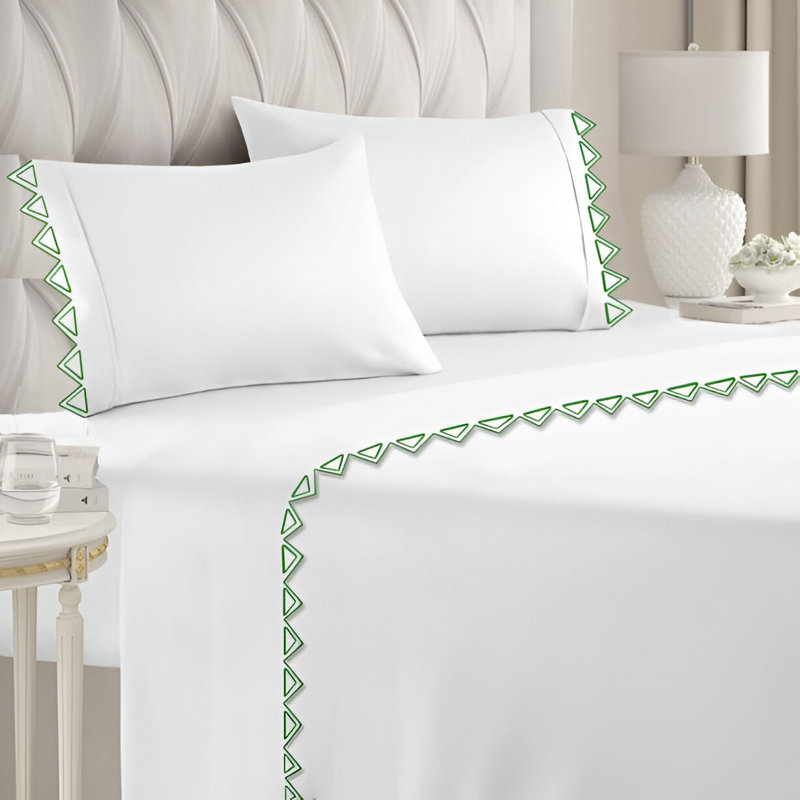 Ashley 400TC Cotton Traingle Embroidery Cotton 4 Piece Sheet Set Fitted Sheet Fits Upto 16" Deep Pocket, Green