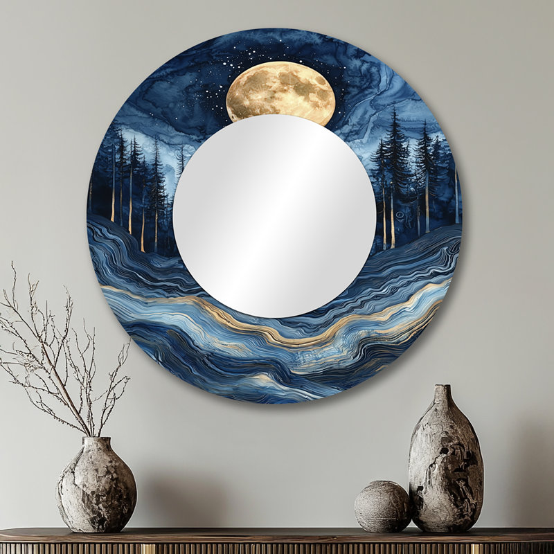 Lune au-dessus de la forêt de pierre Safire - Art mural miroir astronomique - imprimé sur métal, 29 po x 29 po